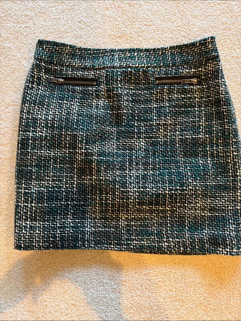 LOFT Teal Tweed Mini Skirt with Front Zip Pockets